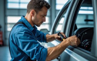 Technician performing broken power window repair on a car in Richardson TX