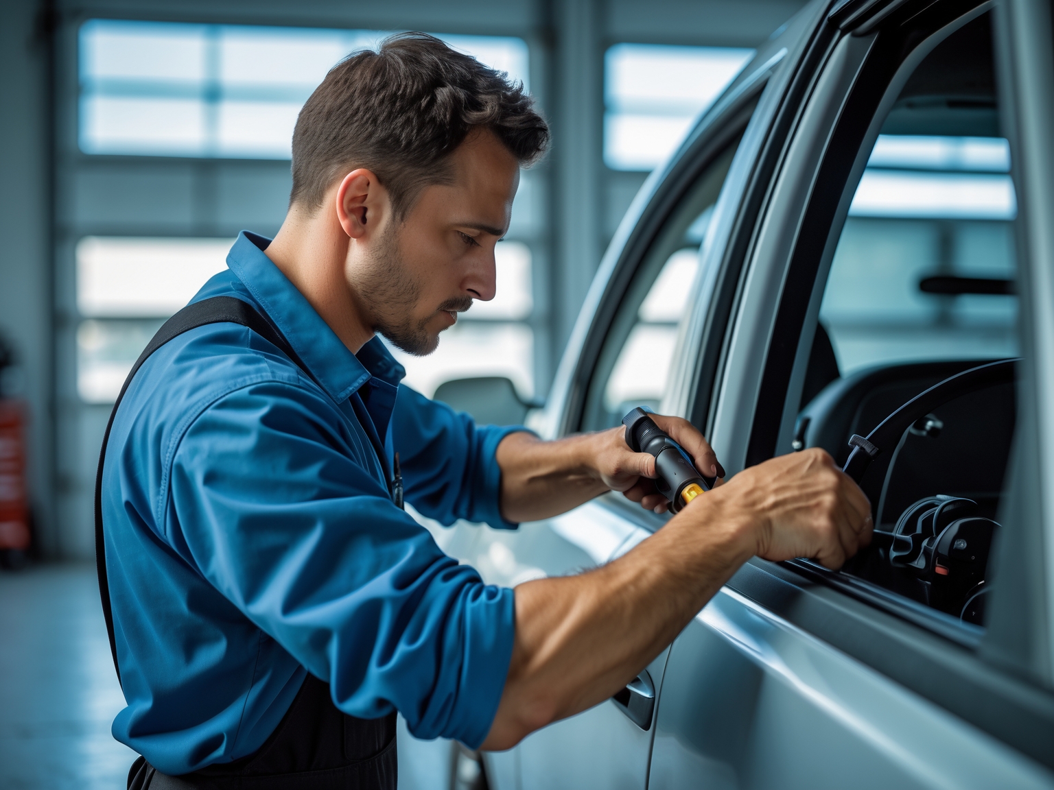 Technician performing broken power window repair on a car in Richardson TX
