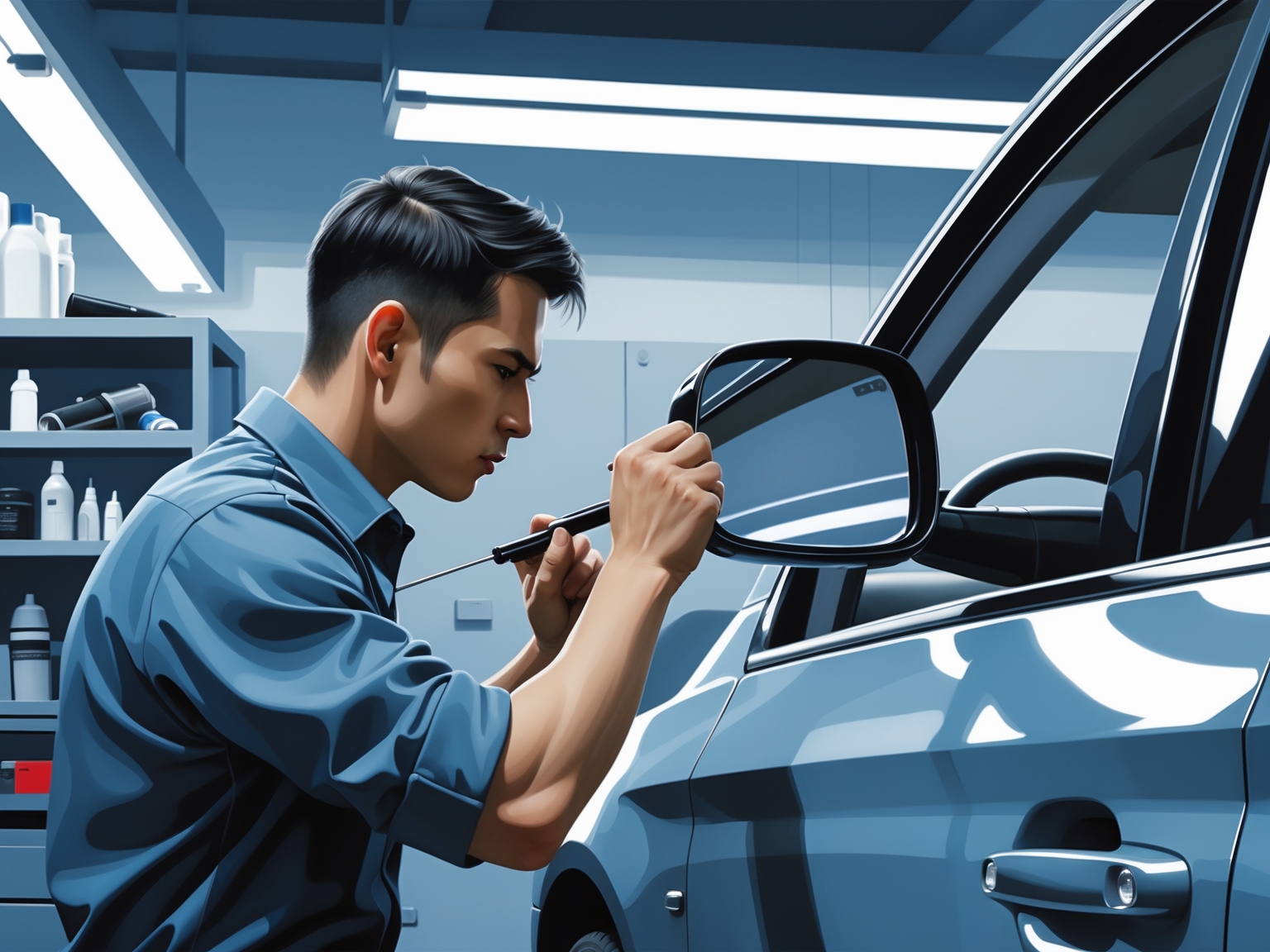 Broken side mirror repair on a white car in Richardson TX