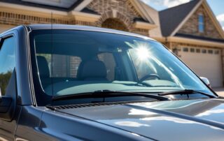 Pickup truck windshield replacement Georgetown TX technician carefully installing new windshield
