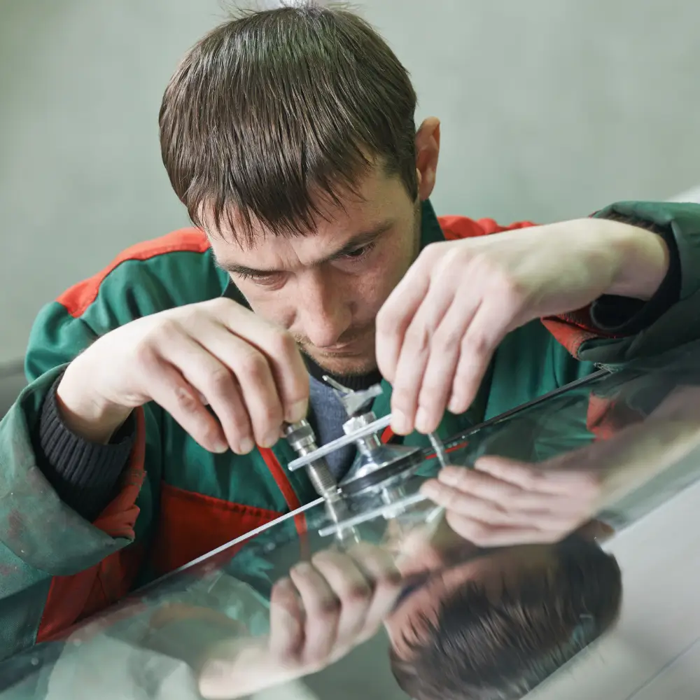 Certifications for Auto Glass Technicians displayed during windshield installation.