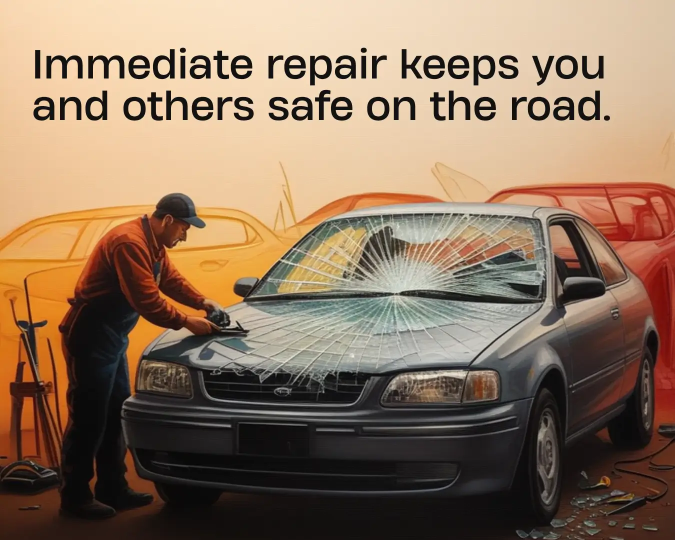 "Certified technician at an emergency auto glass repair shop replacing a cracked windshield