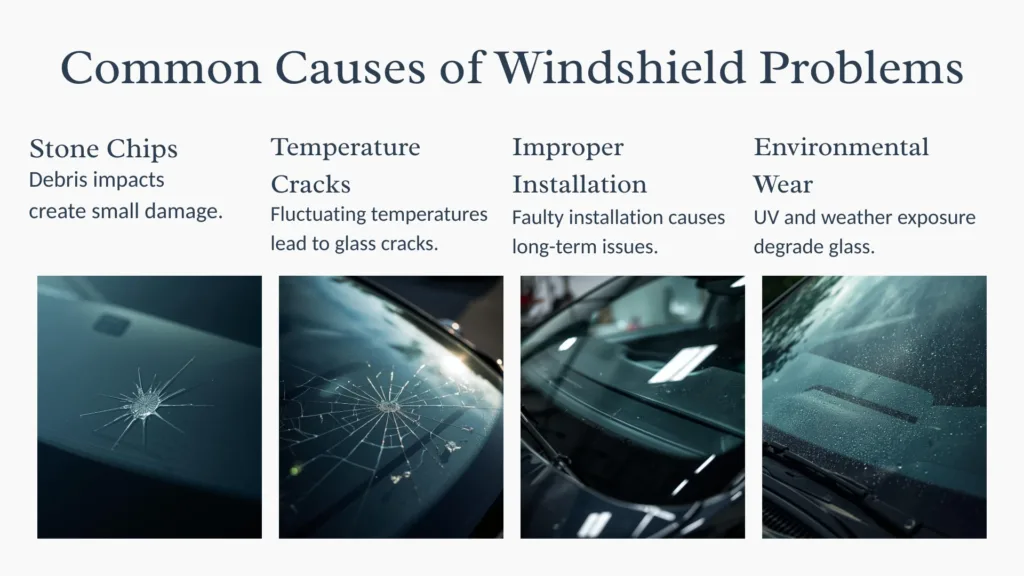 Top Windshield Problems and Expert Solutions Explained 3 Top Windshield Problems showing spreading crack pattern