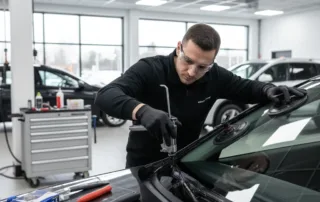 Advanced car windshield calibration process with ADAS sensors, technician using digital equipment and laptop, futuristic auto repair shop, car with visible sensors and cameras, holographic interface style overlays, realistic, high detail, modern lighting