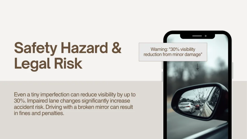 side mirror glass replacement safety hazard and legal risk showing reduced visibility and driving danger