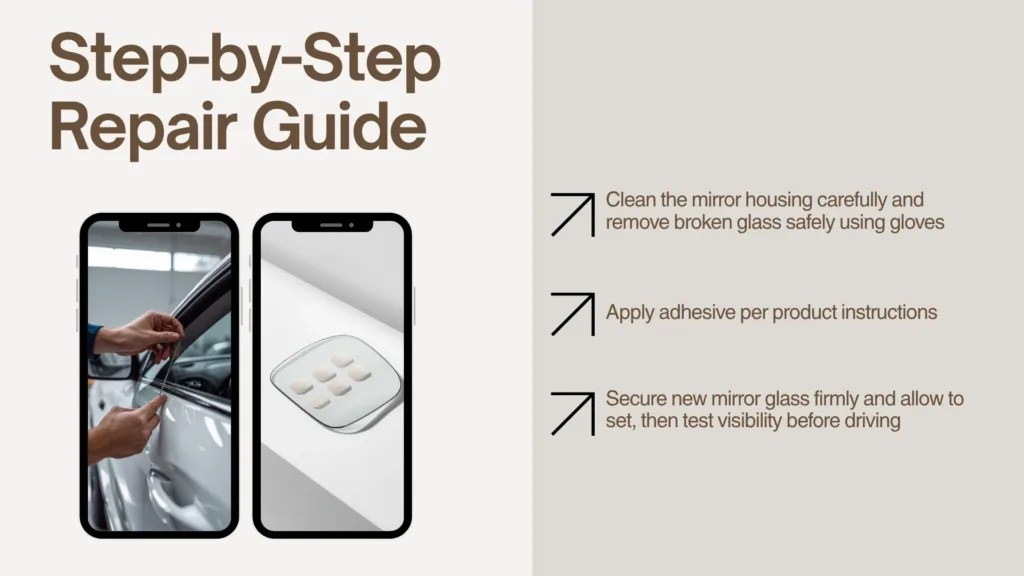 side mirror glass replacement step-by-step repair guide showing safe removal of broken mirror glass with gloves
