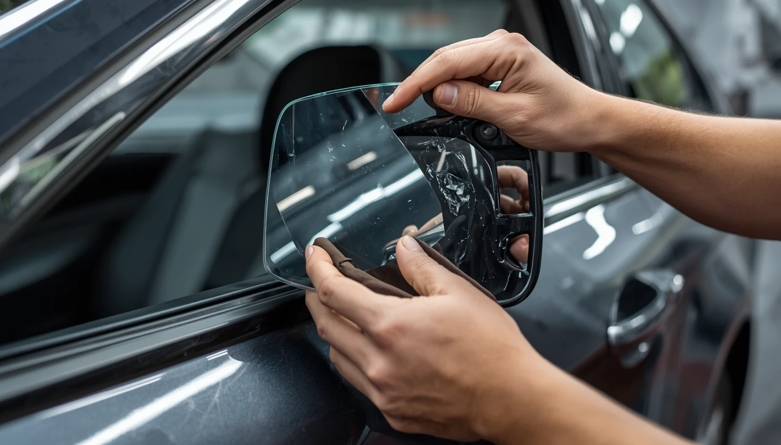 How Much Is a Car Side Mirror Replacement? Costs Explained 2 Certified technician performing professional side mirror replacement at Discount Auto Glass