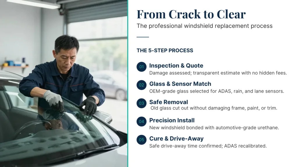 professional windshield replacement process with ADAS calibration and urethane adhesive 