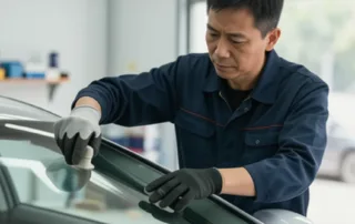 windshield replacement process showing frame inspection and new glass installation