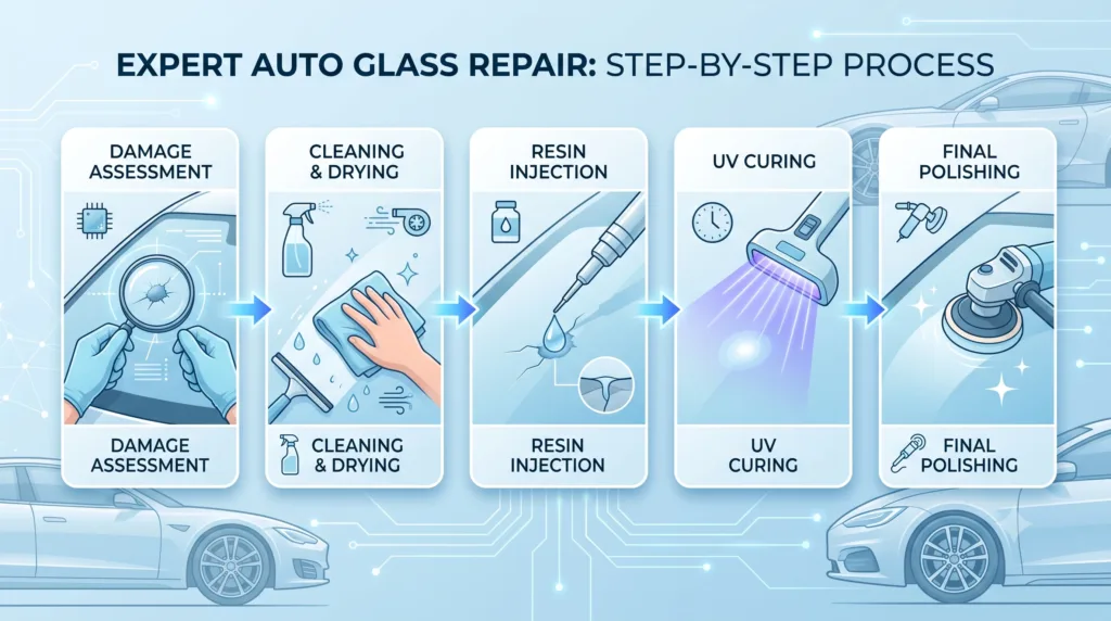  Expert Auto Glass Repair mobile service vehicle equipped with specialized resin curing equipment for on-site repairs