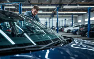 Auto Glass Repair & Replacement Services technician inspecting a cracked windshield