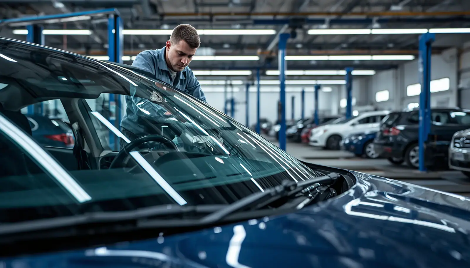 Auto Glass Repair & Replacement Services technician inspecting a cracked windshield