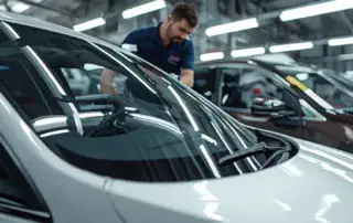 Insurance cover windshield damage repair technician inspecting a cracked windshield