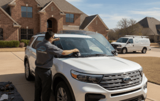 Mobile windshield replacement in Georgetown TX — certified technician installing windshield on white SUV in residential driveway