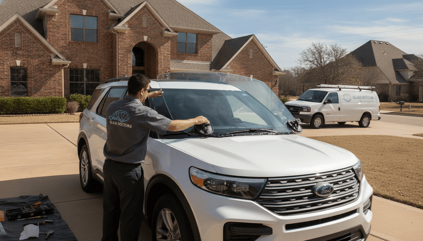 Mobile Windshield Replacement in Georgetown, TX: We Come to You 2 Mobile windshield replacement in Georgetown TX — certified technician installing windshield on white SUV in residential driveway